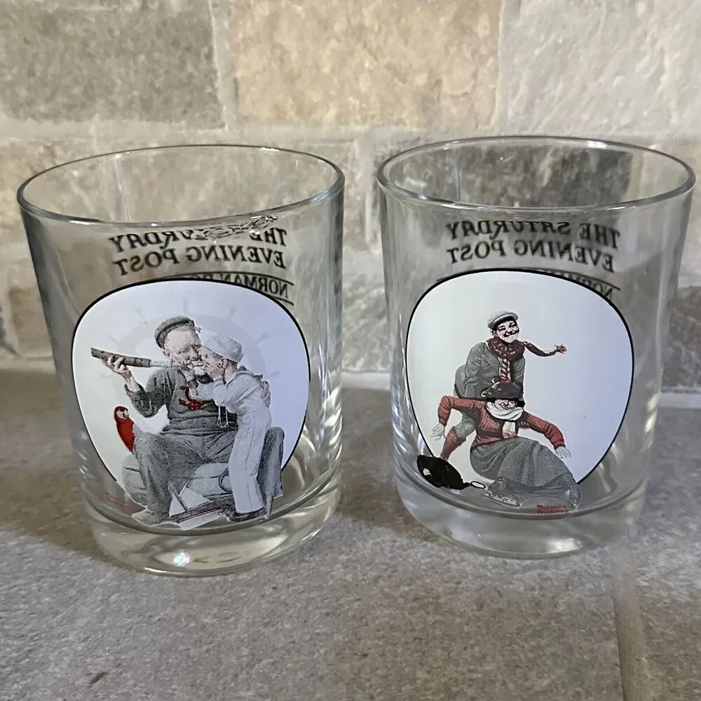 Norman Rockwell Saturday Evening Post Glass Tumbler Glassware Collection Set 2
